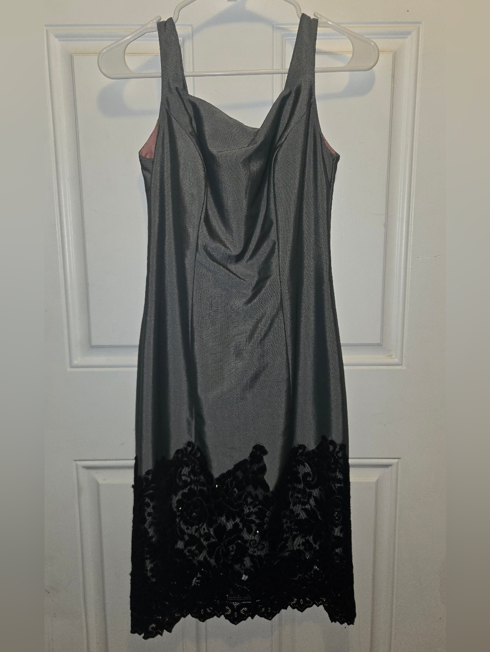 Vintage 90s / Y2K Chetta B. Evening Grey Satin Midi Dress with Black Lace Hem -